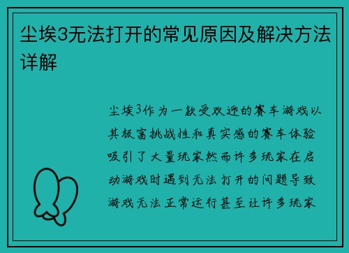 尘埃3无法打开的常见原因及解决方法详解