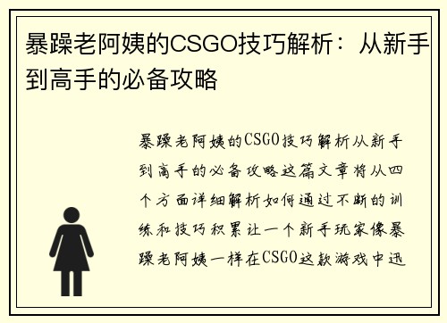 暴躁老阿姨的CSGO技巧解析：从新手到高手的必备攻略